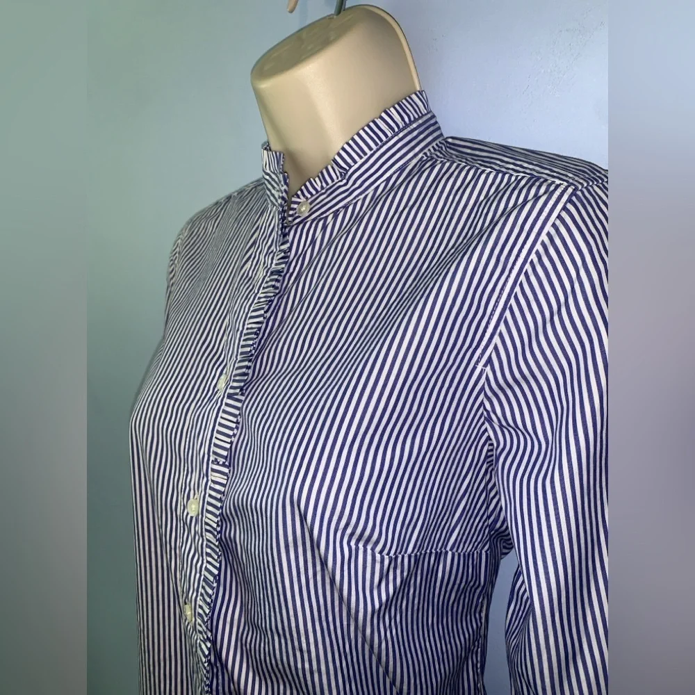 J CREW women’s Striped Navy White ruffled Mandarin-Collar button down Shirt 00